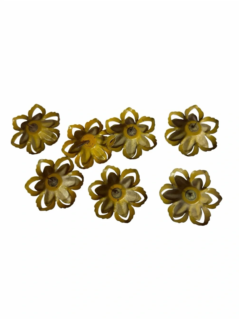 Lot of 7 1950s/60s Multi-Layered, Die-Cut Metal Petals w/Center Plastic Rosebud